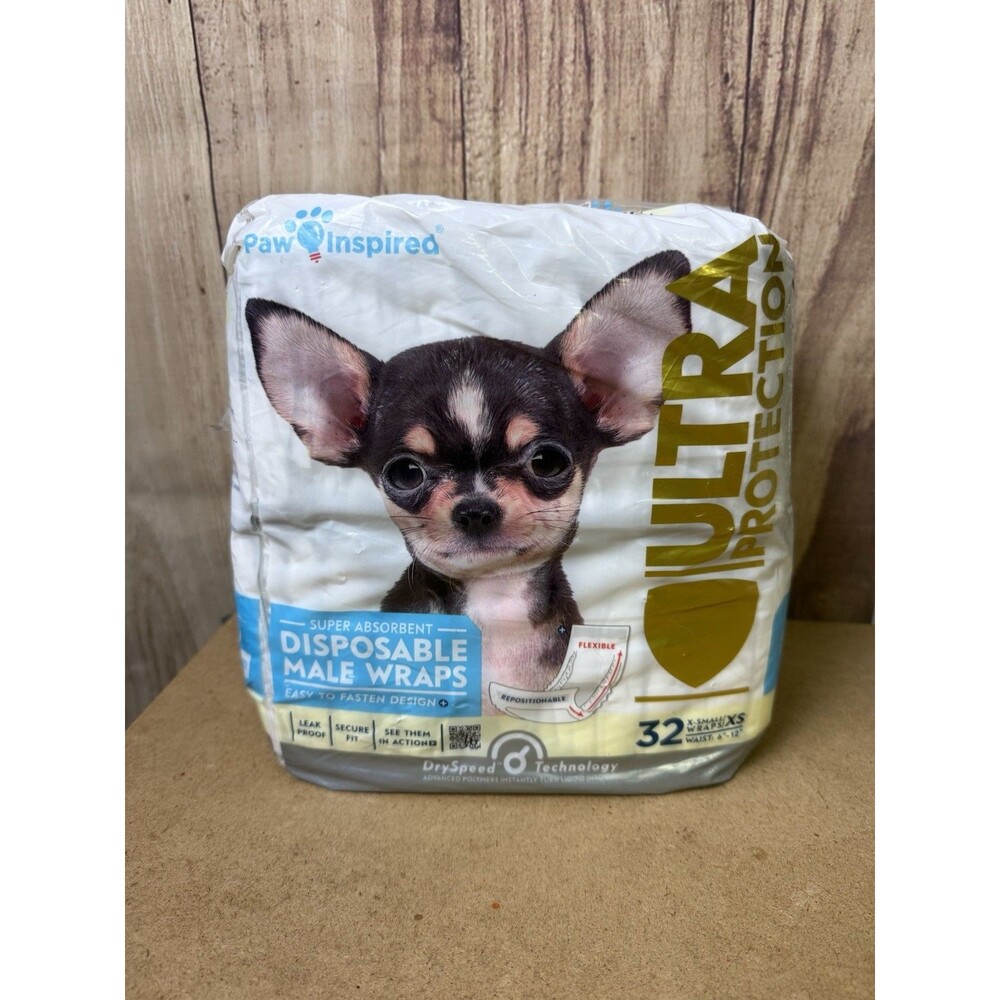32ct Paw Inspired Disposable Male Dog Wraps Belly Band for Male Dog Diapers XS